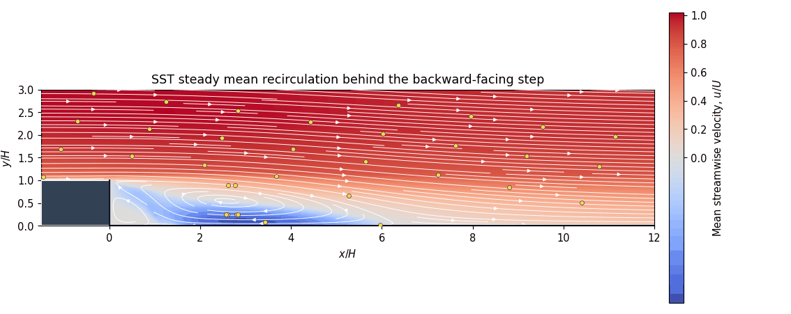 Computed reverse-flow contour, streamlines, and tracers resolving the SST mean recirculation behind the step